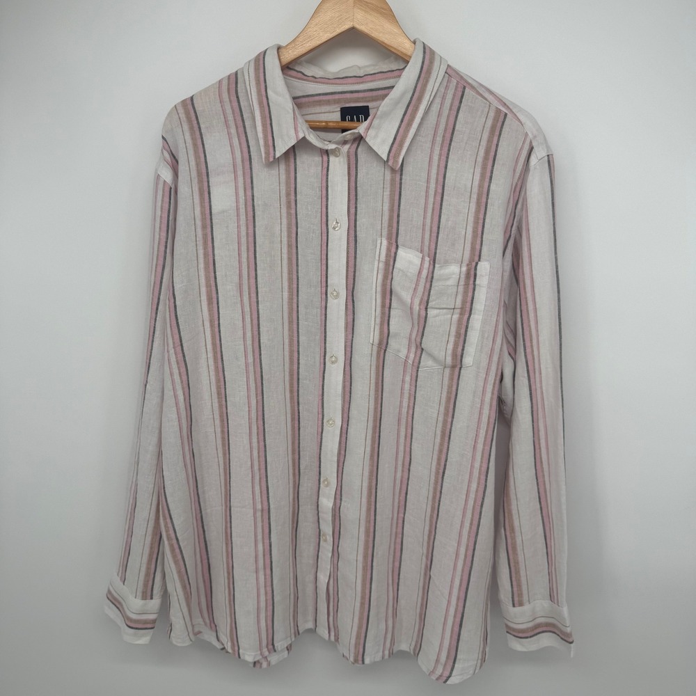 Gap Women XL Linen Blend Striped Button Down Shirt Pink White Long Sleeve Boho